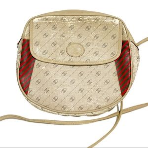 Gucci‎ Vintage Cream Diagonal Stripe Red Trim Mini Shoulder Crossbody Bag